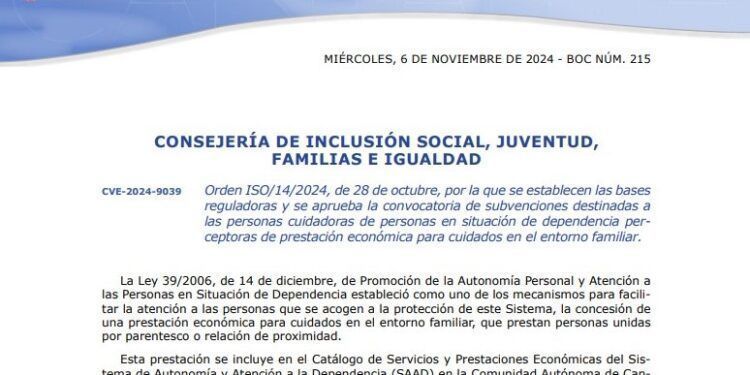 Imagen publicación Boc Inclusión Social ayudas cuidadores personas situación dependencia