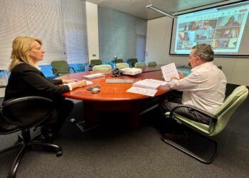 La consejera de Pesca, junto con el director general, durante la reunión vía telemática