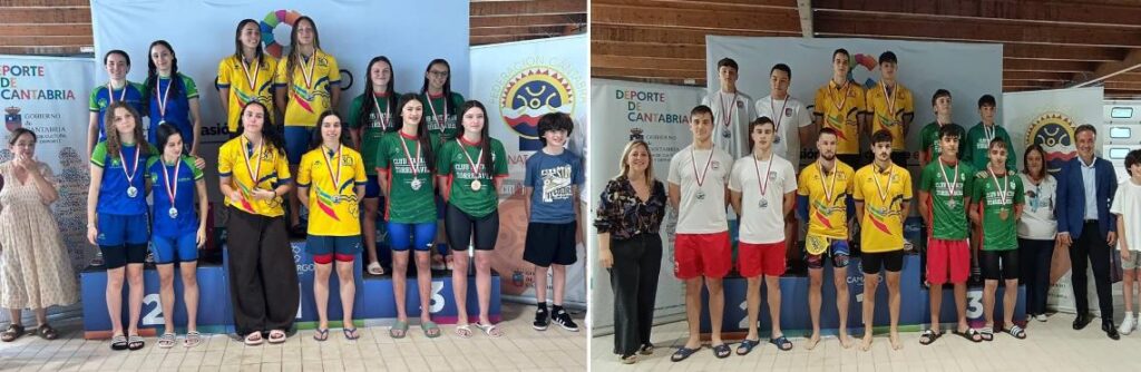 Pódium prueba de relevos femeninoy masculino celebrado en la piscina de Cross de Camargo